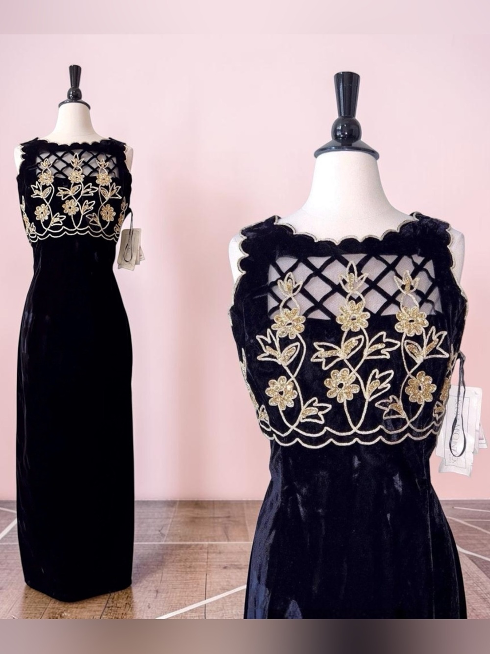 VTG 90s Scott McClintock Black Velvet Maxi Dress 14 Petites Prom Whimsigoth Y2K